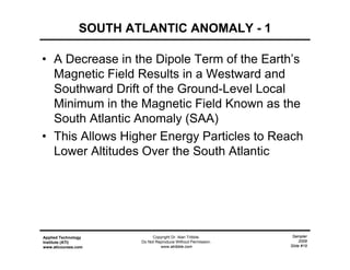 Sampler
2009
Slide #19
Applied Technology
Institute (ATI)
www.aticourses.com
Copyright Dr. Alan Tribble.
Do Not Reproduce Without Permission.
www.atribble.com
• A Decrease in the Dipole Term of the Earth’s
Magnetic Field Results in a Westward and
Southward Drift of the Ground-Level Local
Minimum in the Magnetic Field Known as the
South Atlantic Anomaly (SAA)
• This Allows Higher Energy Particles to Reach
Lower Altitudes Over the South Atlantic
SOUTH ATLANTIC ANOMALY - 1
 