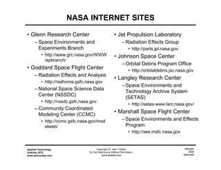 Sampler
2009
Slide #40
Applied Technology
Institute (ATI)
www.aticourses.com
Copyright Dr. Alan Tribble.
Do Not Reproduce Without Permission.
www.atribble.com
NASA INTERNET SITES
• Glenn Research Center
– Space Environments and
Experiments Branch
• http://www.grc.nasa.gov/WWW
/epbranch/
• Goddard Space Flight Center
– Radiation Effects and Analysis
• http://radhome.gsfc.nasa.gov
– National Space Science Data
Center (NSSDC)
• http://nssdc.gsfc.nasa.gov
– Community Coordinated
Modeling Center (CCMC)
• http://ccmc.gsfc.nasa.gov/mod
elweb/
• Jet Propulsion Laboratory
– Radiation Effects Group
• http://parts.jpl.nasa.gov
• Johnson Space Center
– Orbital Debris Program Office
• http://orbitaldebris.jsc.nasa.gov
• Langley Research Center
– Space Environments and
Technology Archive System
(SETAS)
• http://setas-www.larc.nasa.gov/
• Marshall Space Flight Center
– Space Environments and Effects
Program
• http://see.msfc.nasa.gov
 