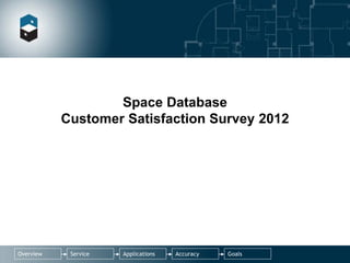 Space Database
           Customer Satisfaction Survey 2012




Overview    Service   Applications   Accuracy   Goals
 