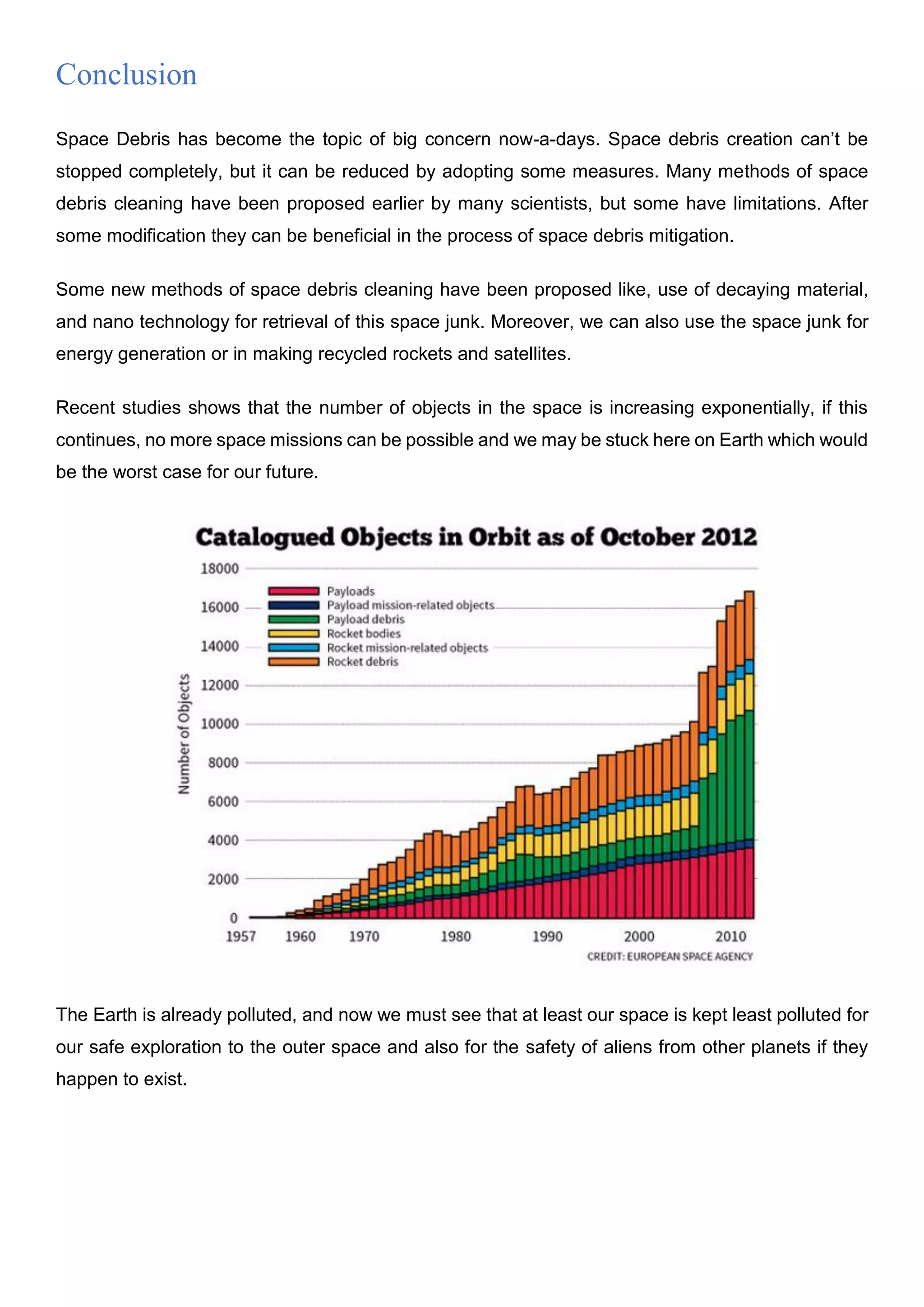 Conclusion
Space Debris has become the topic of big concern now-a-days. Space debris creation can’t be
stopped completely, but it can be reduced by adopting some measures. Many methods of space
debris cleaning have been proposed earlier by many scientists, but some have limitations. After
some modification they can be beneficial in the process of space debris mitigation.
Some new methods of space debris cleaning have been proposed like, use of decaying material,
and nano technology for retrieval of this space junk. Moreover, we can also use the space junk for
energy generation or in making recycled rockets and satellites.
Recent studies shows that the number of objects in the space is increasing exponentially, if this
continues, no more space missions can be possible and we may be stuck here on Earth which would
be the worst case for our future.
The Earth is already polluted, and now we must see that at least our space is kept least polluted for
our safe exploration to the outer space and also for the safety of aliens from other planets if they
happen to exist.
 