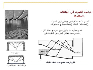 ‫اسس تصميم‬

‫قاعة المؤتمرات(‬

‫) المسارح- السينمات-‬

‫: دراسة الصوت فى القاعات --‬
‫: السقف-2‬‫ثبت ان القسقف الفقية غير جيدة فى توفير الصوت‬
‫.) الجيد وداخل القاعات )قسينمات-مسارح – مؤتمرات‬
‫قطاع خلل صالة ببلكون عميق ، توضح منطقة الظل -‬
‫. السمعى نتيجة انعكاس الصوت من السقف الفقى‬

‫الصوت المنعكس‬
‫الظل السمعى‬

‫. قطاع فى صالة توضح عيوب السقف الفقية -‬

 