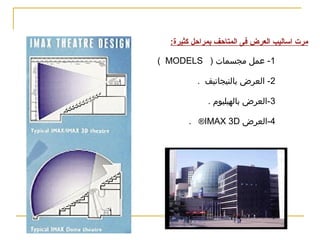 ‫اتساليب العرض الحديثة فى المتا حــــف‬
‫مر ت اتساليب العرض فى المتاحف بمراحل كثيرة:‬
‫1- عمل مجسمات ) ‪( MODELS‬‬
‫2- العرض بالنيجاتيف .‬
‫3-العرض بالهيليوم .‬
‫4-العرض ‪. ®IMAX 3D‬‬

 