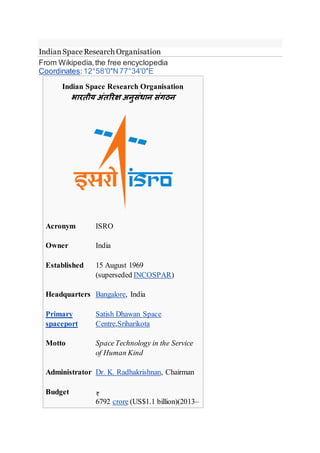IndianSpaceResearch Organisation
From Wikipedia,the free encyclopedia
Coordinates:12°58′0″N77°34′0″E
Indian Space Research Organisation
भारतीय अंतररक्ष अनुसंधान संगठन
Acronym ISRO
Owner India
Established 15 August 1969
(superseded INCOSPAR)
Headquarters Bangalore, India
Primary
spaceport
Satish Dhawan Space
Centre,Sriharikota
Motto SpaceTechnology in the Service
of Human Kind
Administrator Dr. K. Radhakrishnan, Chairman
Budget
6792 crore (US$1.1 billion)(2013–
 