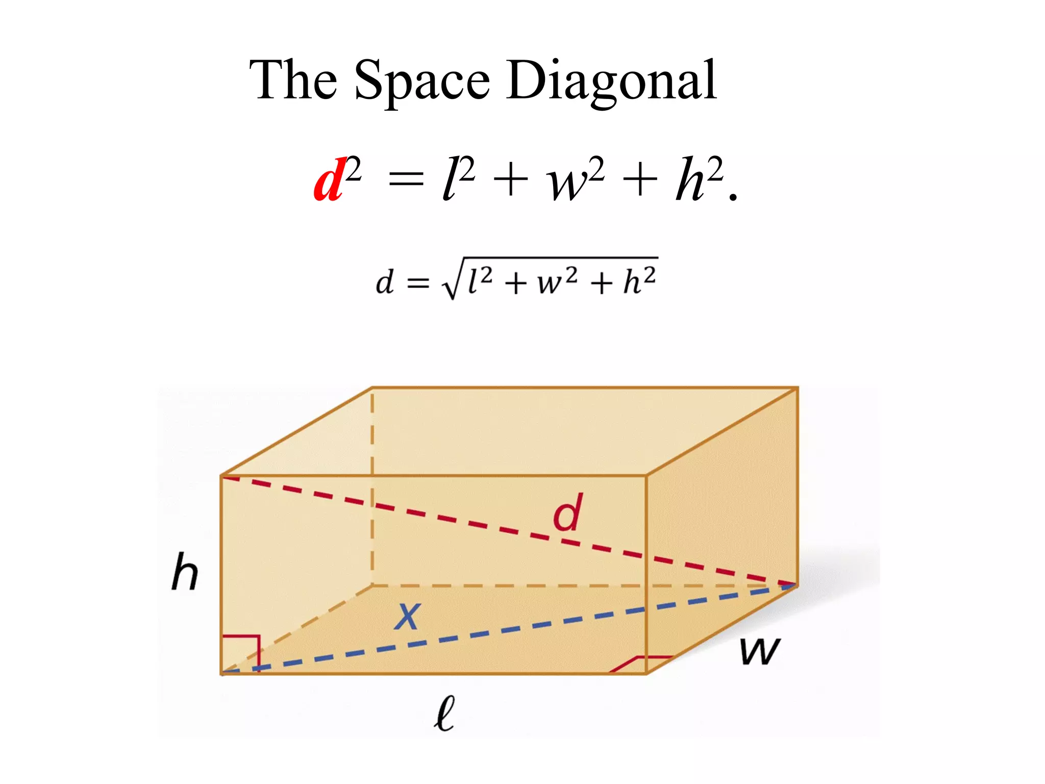 d2
= l2
+ w2
+ h2
.
The Space Diagonal
 