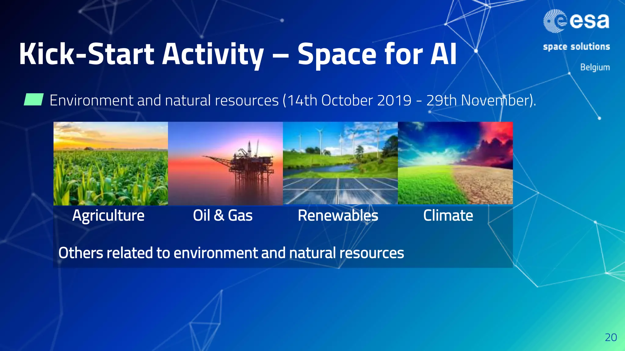 Kick-Start Activity – Space for AI
▰ Environment and natural resources (14th October 2019 - 29th November).
20
Agriculture Oil & Gas Renewables Climate
Others related to environment and natural resources
 