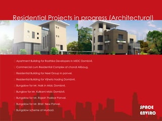 Residential Projects in progress (Architectural)




Apartment Building for Radhika Developers in MIDC Dombivli.

Commercial cum Residential Complex at chondi Alibaug.

Residential Building for Neel Group in panvel.

Residential Building for Vijheta trading Dombivli.

Bungalow for Mr. Naik in Midc Dombivli.

Bunglow for Mr. Kulkarni Midc Dombivli.

Bungalow for Mr. Rajesh Thakkar Panvel.

Bungalow for Mr. Bhist. New Panvel.

Bungalow scheme at Murbad.
                                                               SPACE
                                                               ENVIRO
 