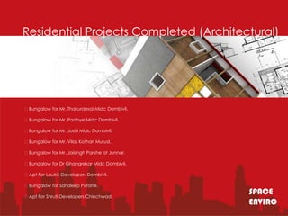 Residential Projects Completed (Architectural)




Bungalow for Mr. Thakurdesai Midc Dombivli.

Bungalow for Mr. Padhye Midc Dombivli.

Bungalow for Mr. Joshi Midc Dombivli.

Bungalow for Mr. Vilas Kothari Murud.

Bungalow for Mr. Jaisingh Parkhe at Junnar.

Bungalow for Dr Ghangrekar Midc Dombivli.

Apt For Laukik Developers Dombivli.

Bungalow for Sandeep Puranik.

Apt For Shruti Developers Chinchwad.
                                               SPACE
                                               ENVIRO
 