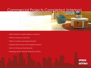 Commercial Projects Completed (Interiors)




Office Interior for Aquila organics In Mulund.

Office for Akshay Investments.

Office for Matriay developers Dombivli.

Hospital Interiors Dhanvantri Hospital in Kalyan.

Clinic for Dr Seema Oak Dombivli.

Radiology lab for Subham diagnostics Kalyan.




                                                     SPACE
                                                     ENVIRO
 