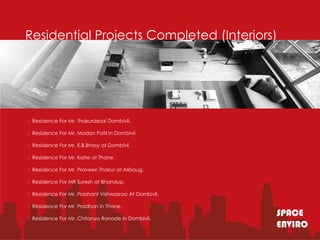 Residential Projects Completed (Interiors)




Residence For Mr. Thakurdesai Dombivli.

Residence For Mr. Madan Patil In Dombivli

Residence For Mr. E.B.Bhasy at Dombivli

Residence For Mr. Katre at Thane.

Residence For Mr. Praveen Thakur at Alibaug.

Residence For MR Suresh at Bhandup.

Residence For Mr. Prashant Vishwasrao At Dombivli.

Residence For Mr. Pradhan in Thane.

Residence For Mr. Chitanya Ranade in Dombivli.
                                                      SPACE
                                                      ENVIRO
 