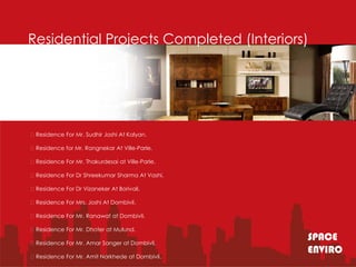 Residential Projects Completed (Interiors)




Residence For Mr. Sudhir Joshi At Kalyan.

Residence for Mr. Rangnekar At Ville-Parle.

Residence For Mr. Thakurdesai at Ville-Parle.

Residence For Dr Shreekumar Sharma At Vashi.

Residence For Dr Vizaneker At Borivali.

Residence For Mrs. Joshi At Dombivli.

Residence For Mr. Ranawat at Dombivli.

Residence For Mr. Dhoter at Mulund.

Residence For Mr. Amar Sanger at Dombivli.
                                                 SPACE
                                                 ENVIRO
Residence For Mr. Amit Narkhede at Dombivli.
 