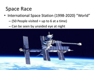 Space RaceInternational Space Station (1998-2020) “World”(50 People visited = up to 6 at a time)Can be seen by unaided eye at night