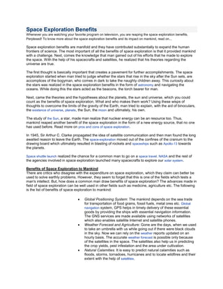 Space exploration benefits essay example | PDF