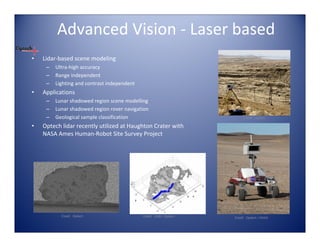Advanced Vision ‐ Laser based
•   Lidar‐based scene modeling
     –   Ultra‐high accuracy
     –   Range independent
     –   Lighting and contrast independent
•   Applications 
     –   Lunar shadowed region scene modelling
     –   Lunar shadowed region rover navigation
     –   Geological sample classification                                Credit: Optech

•   Optech lidar recently utilized at Haughton Crater with 
    NASA Ames Human‐Robot Site Survey Project
                                                                            Credit: CSA




           Credit: Optech                    Credit: UNB / Optech   Credit: Optech / NASA
 