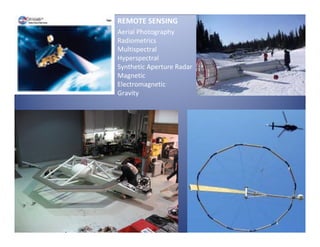 REMOTE SENSING
Aerial Photography
Radiometrics
Multispectral
Hyperspectral
Synthetic Aperture Radar
Magnetic
Electromagnetic
Gravity
 