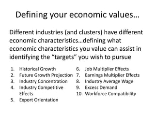 Defining your economic values…Different industries (and clusters) have different economic characteristics…defining what economic characteristics you value can assist in identifying the “targets” you wish to pursueHistorical GrowthFuture Growth ProjectionIndustry ConcentrationIndustry Competitive EffectsExport OrientationJob Multiplier EffectsEarnings Multiplier EffectsIndustry Average WageExcess DemandWorkforce Compatibility