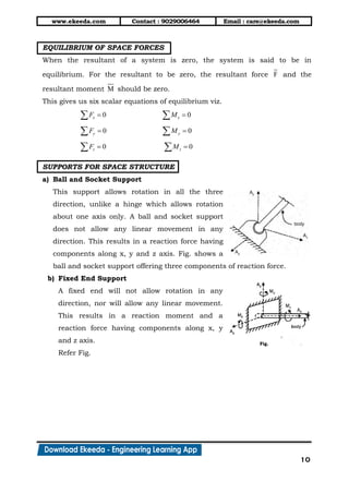 www.ekeeda.com Contact : 9029006464 Email : care@ekeeda.com
10
EQUILIBRIUM OF SPACE FORCES
When the resultant of a system is zero, the system is said to be in
equilibrium. For the resultant to be zero, the resultant force F and the
resultant moment M should be zero.
This gives us six scalar equations of equilibrium viz.
0xF  0xM 
0yF  0yM 
0zF  0zM 
SUPPORTS FOR SPACE STRUCTURE
a) Ball and Socket Support
This support allows rotation in all the three
direction, unlike a hinge which allows rotation
about one axis only. A ball and socket support
does not allow any linear movement in any
direction. This results in a reaction force having
components along x, y and z axis. Fig. shows a
ball and socket support offering three components of reaction force.
b) Fixed End Support
A fixed end will not allow rotation in any
direction, nor will allow any linear movement.
This results in a reaction moment and a
reaction force having components along x, y
and z axis.
Refer Fig.
 