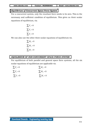 www.ekeeda.com Contact : 9029006464 Email : care@ekeeda.com
11
Equilibrium of Concurrent Space Force System
For a concurrent system, only the resultant force needs to be zero. This is the
necessary and sufficient condition of equilibrium. This gives us three scalar
equations of equilibrium, viz.
0xF 
0yF 
0zF 
We can also use the other three scalar equations of equilibrium viz.
0xM 
0yM 
0zM 
EQUILIBRIUM OF NON-CONCURRENT SPACE FORCE SYSTEM
For equilibrium of both parallel and general space force systems, all the six
scalar equations of equilibrium are applicable viz.
0xF  0xM 
0yF  0yM 
0zF  0zM 
 