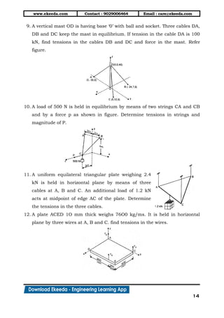 www.ekeeda.com Contact : 9029006464 Email : care@ekeeda.com
14
9. A vertical mast OD is having base ‘0’ with ball and socket. Three cables DA,
DB and DC keep the mast in equilibrium. If tension in the cable DA is 100
kN, find tensions in the cables DB and DC and force in the mast. Refer
figure.
10. A load of 500 N is held in equilibrium by means of two strings CA and CB
and by a force p as shown in figure. Determine tensions in strings and
magnitude of P.
11. A uniform equilateral triangular plate weighing 2.4
kN is held in horizontal plane by means of three
cables at A, B and C. An additional load of 1.2 kN
acts at midpoint of edge AC of the plate. Determine
the tensions in the three cables.
12. A plate ACED 1O mm thick weighs 76O0 kg/ms. It is held in horizontal
plane by three wires at A, B and C. find tensions in the wires.
 