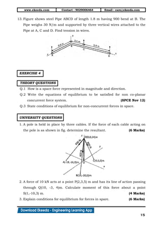 www.ekeeda.com Contact : 9029006464 Email : care@ekeeda.com
15
13. Figure shows steel Pipe ABCD of length 1.8 m having 900 bend at B. The
Pipe weighs 30 N/m and supported by three vertical wires attached to the
Pipe at A, C and D. Find tension in wires.
EXERCISE 4
THEORY QUESTIONS
Q.1 How is a space force represented in magnitude and direction.
Q.2 Write the equations of equilibrium to be satisfied for non co-planar
concurrent force system. (SPCE Nov 12)
Q.3 State conditions of equilibrium for non-concurrent forces in space.
UNIVERSITY QUESTIONS
1. A pole is held in place by three cables. If the force of each cable acting on
the pole is as shown in fig. determine the resultant. (6 Marks)
2. A force of 10 kN acts at a point P(2,3,5) m and has its line of action passing
through Q(10, -3, 4)m. Calculate moment of this force about a point
S(1,-10,3) m. (4 Marks)
3. Explain conditions for equilibrium for forces in spare. (6 Marks)
 