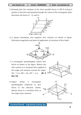 www.ekeeda.com Contact : 9029006464 Email : care@ekeeda.com
8
5. Knowing that the resultant of the three parallel forces is 500 N acting in
positive y direction and passing through the centre of the rectangular plate,
determine the forces F1 , F2 and F3.
6. A square foundation mat supports four columns as shown in figure.
Determine magnitude and point of application of resultant of four loads.
7. A rectangular parallelepiped carries four
forces as shown in the figure. Reduce the
force system to a resultant force applied at
the origin and moment around the origin.
OA = 5 m, OB = 2m, OC = 4 m. (M. U
Dec 12)
8. Figure shows a rectangular
parallelepiped subjected to four
forces in the direction shown.
Reduce them to a resultant force at
the origin and a moment.
 