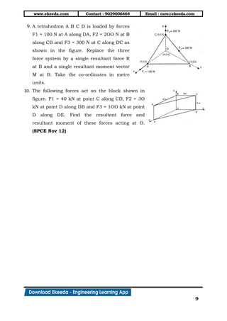 www.ekeeda.com Contact : 9029006464 Email : care@ekeeda.com
9
9. A tetrahedron A B C D is loaded by forces
F1 = 100 N at A along DA, F2 = 2OO N at B
along CB and F3 = 300 N at C along DC as
shown in the figure. Replace the three
force system by a single resultant force R
at B and a single resultant moment vector
M at B. Take the co-ordinates in metre
units.
10. The following forces act on the block shown in
figure. F1 = 40 kN at point C along CD, F2 = 3O
kN at point D along DB and F3 = 1OO kN at point
D along DE. Find the resultant force and
resultant moment of these forces acting at O.
(SPCE Nov 12)
 