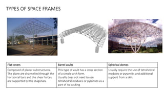 TYPES OF SPACE FRAMES
Flat covers Barrel vaults Spherical domes
Composed of planar substructures.
The plane are channelled...