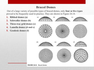 Braced Domes
Out of a large variety of possible types of braced domes, only four or ﬁve types
proved to be frequently used in practice. They are shown in Figure 24.14.
1. Ribbed domes (a)
2. Schwedler domes (b)
3. Three-way grid domes (c)
4. Lamella domes (d and e)
5. Geodesic domes (f)
 