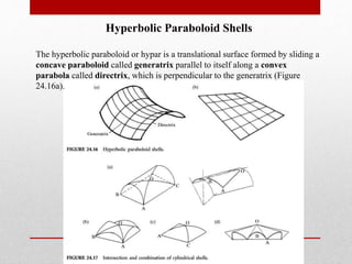 Hyperbolic Paraboloid Shells
The hyperbolic paraboloid or hypar is a translational surface formed by sliding a
concave paraboloid called generatrix parallel to itself along a convex
parabola called directrix, which is perpendicular to the generatrix (Figure
24.16a).
 