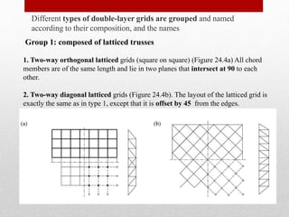 Different types of double-layer grids are grouped and named
according to their composition, and the names
Group 1: composed of latticed trusses
1. Two-way orthogonal latticed grids (square on square) (Figure 24.4a) All chord
members are of the same length and lie in two planes that intersect at 90 to each
other.
2. Two-way diagonal latticed grids (Figure 24.4b). The layout of the latticed grid is
exactly the same as in type 1, except that it is offset by 45 from the edges.
 