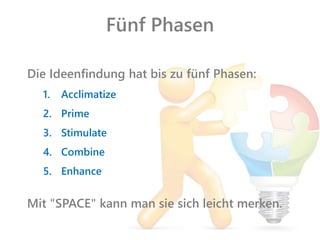 Fünf Phasen
Die Ideenfindung hat bis zu fünf Phasen:
1. Acclimatize
2. Prime
3. Stimulate
4. Combine
5. Enhance
Mit "SPACE" kann man sie sich leicht merken.
 