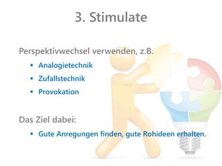 3. Stimulate
Perspektivwechsel verwenden, z.B.
 Analogietechnik
 Zufallstechnik
 Provokation
Das Ziel dabei:
 Gute Anregungen finden, gute Rohideen erhalten.
 