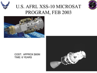 U.S. AFRL XSS-10 MICROSAT PROGRAM, FEB 2003 
COST: APPROX $60M 
TIME: 6 YEARS  