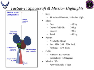 TacSat-1: Spacecraft  Mission Highlights•Size: –41 inches Diameter, 18 inches High•Mass: –Bus: ~60 kg–Copperfield-2S: 20 kg–Imager: 10 kg–Total: ~90 kg•Power: –Available: 186W–Bus: 55W OAP, 75W Peak–Payload: ~70W Peak •Orbit: –Altitude: 400-450km–Inclination: ~63 Degrees•Mission Life: –Approximately 1 Year  