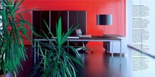 Corium Collection8 Il senso del prestigio.
La collezione Corium è costituita da
una gamma di tavoli polifunzionali,
con lunghezza fino a 300 cm, affiancati
da una scelta completa di contenitori
e accessori. Al calore del cuoio
si affianca la brillantezza delle finiture
alluminio metallizzato e argento,
componendo un linguaggio moderno
e prestigioso al tempo stesso.
Sense of status.
The Corium collection consists of
a range of multipurpose tables up to
300 cm long, together with a complete
array of storage units and accessories.
The warmth of leather is wedded
to the shine of silver and metallic
aluminium finishes, creating both
a modern and prestigious style.
Der Sinn von Prestige.
Die Kollektion Corium besteht aus
einer Serie von Mehrzwecktischen bis
zu einer Länge von 300 cm, die durch
eine komplette Auswahl von
Schränken und Zubehör ergänzt wird.
Der Wärme von Leder steht der Glanz
der Farben Aluminium metallic und
Silber gegenüber, die sich zu einem
ebenso modernen wie
prestigeträchtigen Ausdruck
verbinden.
Le sens du prestige.
La collection Corium est constituée
d’une gamme de tables
multifonctions, d’une longueur jusqu’à
300 cm, associés à un choix complet
de meubles et d’accessoires.
La chaleur du cuir est soutenue par
le brillant des finitions aluminium
métallisé et argent, créant un langage
à la fois prestigieux et moderne.
El sentido del prestigio.
La colección Corium está formada
por una gama de mesas
polifuncionales, con longitud máxima
de 300 cm, combinadas con
una serie completa de armarios
y accesorios. La calidez del cuero
se conjuga con la brillantez de los
acabados de aluminio metalizado
y plata, dando vida a un lenguaje
moderno y al mismo tiempo
prestigioso.
 