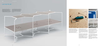 HUB operative office system 
one size fits all 
I tavoli vengono forniti con pannellino 
top-access con angoli smussati a 45° per 
permettere la salita di cavi, nella stessa finitura 
del piano e un capiente cestello sottopiano. 
L'overhead rivestito in tessuto può essere 
dotato di 4 strisce LED con interruttore 
integrato individuale e dimmer per la 
regolazione dell’intensità del fascio luminoso. 
The tables are supplied with a top-access 
panel featuring 45° cut-off corners to 
accommodate cable risers in a finish matching 
the top, and a spacious under-top cable tray. 
The fabric-covered overhead can be fitted with 
4 LED strips, each with its own built-in switch 
and dimmer to adjust the intensity of the light 
produced. 
Die Tische werden mit einem kleinen Paneel 
für den Zugang von oben, Kanten auf 45° für 
die Kabelführung, in der gleichen Ausführung 
der Platte, und mit einem großzügigen Korb 
unter der Platte geliefert. 
Der mit Stoff bezogene Himmel kann mit 4 
LED Bändern ausgestattet werden, jeweils mit 
einem integrierten Schalter und Dimmer für 
die Regelung der Stärke der Lichtbündel. 
Les tables sont fournies avec trappe top-access 
aux angles tronqués à 45° pour 
permettre la remontée des câbles, dans la 
même finition que le plateau et avec un vaste 
logement sous le plateau. 
L’arche revêtue en tissu peut être munie de 
4 bandes de leds avec interrupteur intégré 
individuel et gradateur pour le réglage de 
l’intensité du faisceau lumineux. 
Las mesas disponen de pequeño panel top-access 
con esquinas achaflanadas a 45° que 
facilitan la subida de los cables, con el mismo 
acabado del tablero y un cesto espacioso 
debajo de éste. 
La cubierta con panel tapizado de tejido 
dispone de cuatro tiras de led con interruptor 
integrado individual y regulador de intensidad 
del haz luminoso. 
Hub si compone di tavoli il cui fulcro 
centrale è la struttura metallica con sezione 
35x35 verniciata a polveri epossidiche: 
tale struttura disegna geometrie e rende 
modulabile la postazione fino a 4 unità in serie 
consentendone una forte componibilità. 
Hub is a table system whose key feature is the 
epoxy powder coated 35x35 metal frame. This 
frame forms the geometry of the structure and 
enables the tables to be repeated in blocks 
of up to four units in a row, making it highly 
modular. 
p | 18 
p | 21 
 