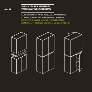 TAVOLATECH ICA LIBRERIE/
48- 49 T E C H N I C A L TABLE CABIN EIS
CONTENITORI IN VARIEALTEzzE, CONBINABIL1
CONDISTANZIATOREIN MEIALLOCOLORATO
CABINETSIN VARIOUSHEIGHTSTHAT CAN BE
COMBINED THROUGH COLORED METALSPACERS
 