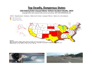 Top Deadly, Dangerous States
USA Debris/Litter-Caused Motor Vehicle Accident Deaths, 2014
Copyright 2014, Steve Spacek Public Service Consulting—NOT FOR COMMERCIAL USE

 