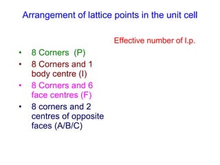 Arrangement of lattice points in the unit cell 8 Corners  (P) 8 Corners and 1 body centre (I) 8 Corners and 6 face centres (F) 8 corners and 2 centres of opposite faces (A/B/C) Effective number of l.p. 
