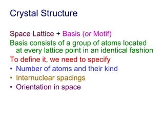 Crystal Structure Space Lattice  +  Basis (or Motif) Basis consists of a group of atoms located at every lattice point in an identical fashion To define it, we need to specify Number of atoms and their kind Internuclear spacings Orientation in space 