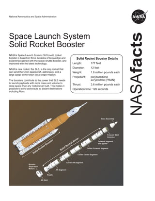 NASA
facts
National Aeronautics and Space Administration
Space Launch System
Solid Rocket Booster
NASA’s Space Launch System (SLS) solid rocket
booster is based on three decades of knowledge and
experience gained with the space shuttle booster, and
improved with the latest technology.
NASA’s new rocket, the SLS, is the only rocket that
can send the Orion spacecraft, astronauts, and a
large cargo to the Moon on a single mission.
The boosters contribute to the power that SLS needs
to launch payloads with more mass and volume to
deep space than any rocket ever built. This makes it
possible to send astronauts to distant destinations
including Mars.
Solid Rocket Booster Details
Length: 177 feet
Diameter: 12 feet
Weight: 1.6 million pounds each
Propellant: polybutadiene
acrylonitrile (PBAN)
Thrust: 3.6 million pounds each
Operation time: 126 seconds
 