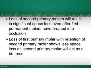 Loss of second primary molars will result
in significant space loss even after first
permanent molars have erupted into
occlusion
Loss of first primary molar with retention of
second primary molar shows less space
loss as second primary molar will act as a
buttress
 