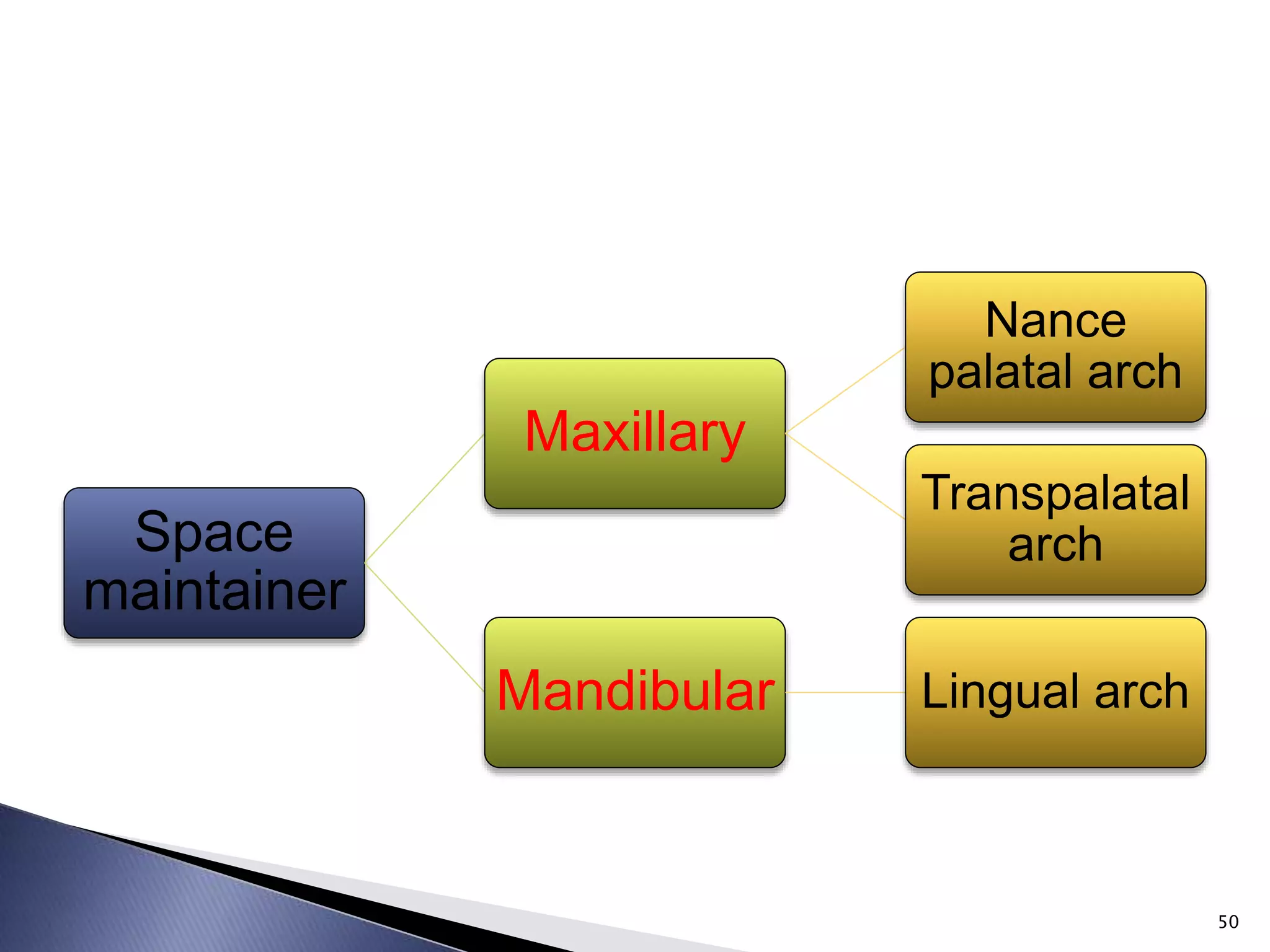 Space
maintainer
Maxillary
Nance
palatal arch
Transpalatal
arch
Mandibular Lingual arch
50
 