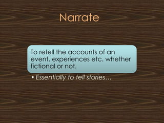 Narrate


To retell the accounts of an
event, experiences etc. whether
fictional or not.
• Essentially to tell stories…
 