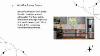`
Work Flow Triangle Concept
It involves three key work areas:
the sink, stove(or cooktop),
refrigerator. The three points
should form a triangle with each
side ideally between 4 to 9 feet
(1.2 to 2.7m) to minimize
unnecessary movements.
 