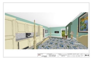 DRAWINGS PROVIDED BY:                     PROJECT DESCRIPTION:    SHEET TITLE:        NO.   DESCRIPTION   BY   DATE   SCALE:   DATE:

                                              1950's California
              Connie Sloma, Allied ASID
              connie@allureinterior.com        Home Remodel
                                                                     MASTER BEDROOM
                                                                         VIEW #2                                         3-D   3/7/2013   ID-12
                          650-996-8882
 