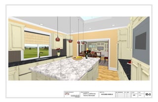 DRAWINGS PROVIDED BY:                     PROJECT DESCRIPTION:     SHEET TITLE:          NO.   DESCRIPTION   BY   DATE   SCALE:   DATE:

                                               1950's California
              Connie Sloma, Allied ASID
              connie@allureinterior.com         Home Remodel
                                                                       KITCHEN VIEW #1
                                                                                                                           3-D    3/7/2013   ID-5
                          650-996-8882
 