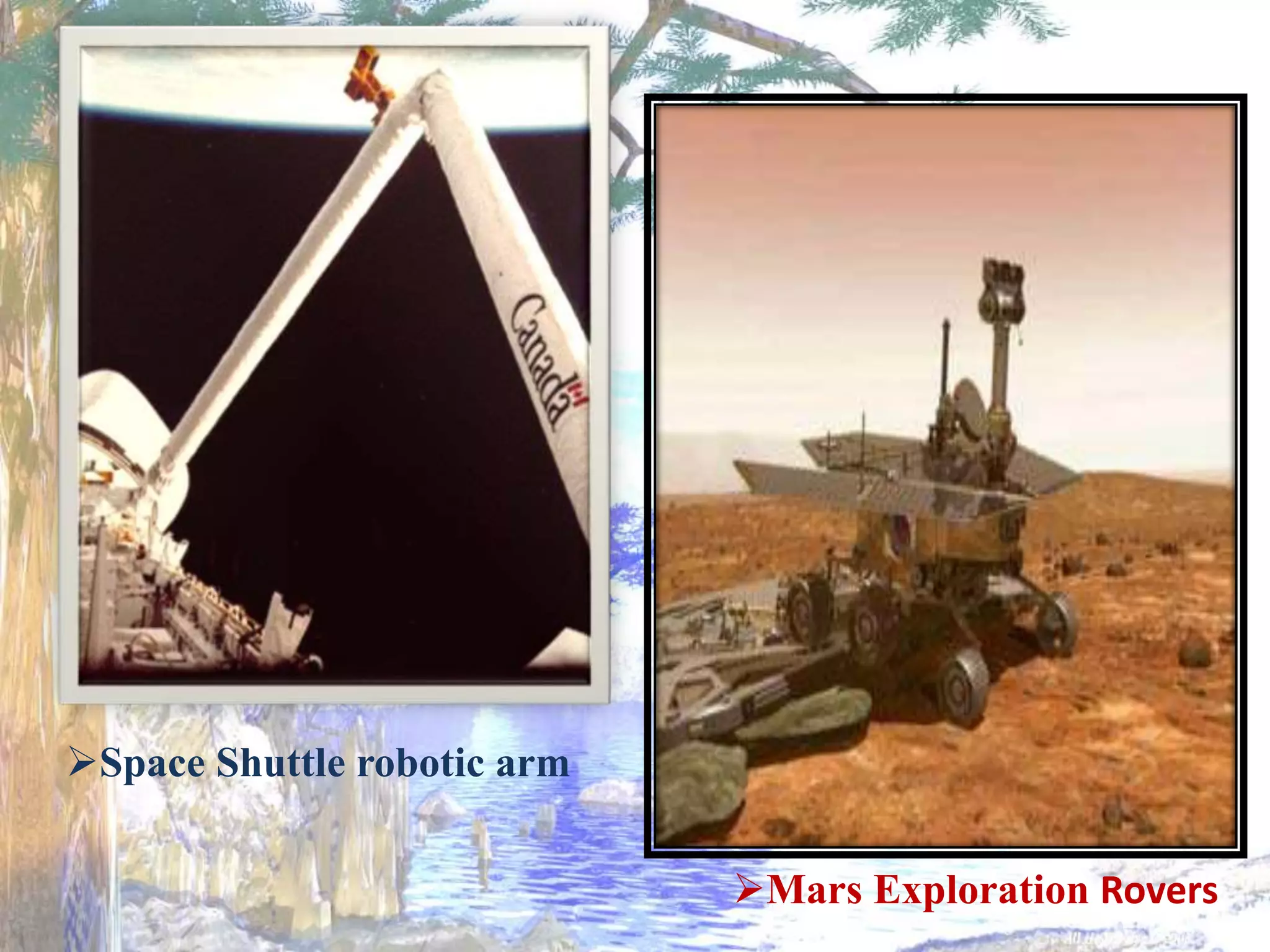 Space Shuttle robotic arm
Mars Exploration Rovers
 