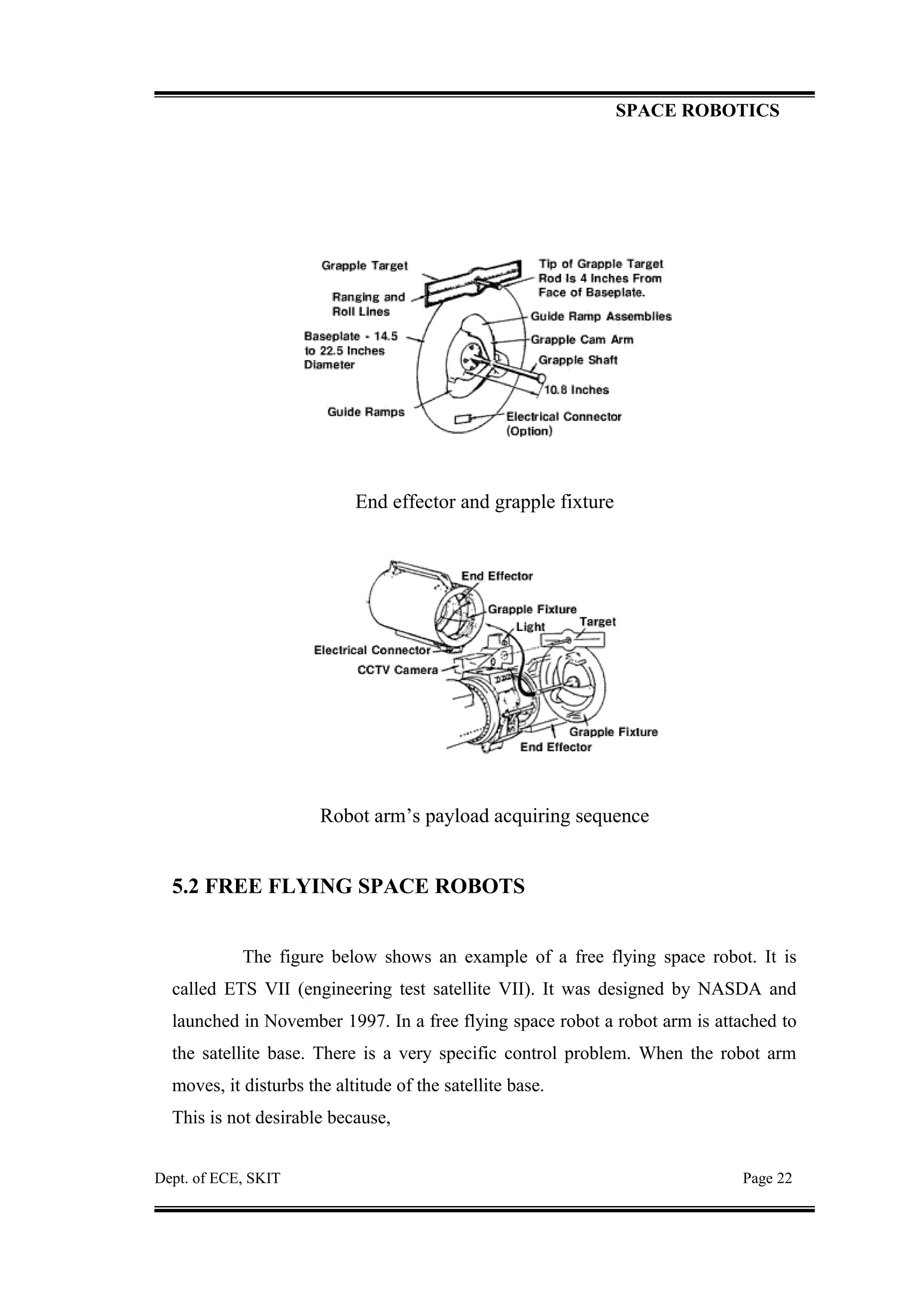 SPACE ROBOTICS
End effector and grapple fixture
Robot arm’s payload acquiring sequence
5.2 FREE FLYING SPACE ROBOTS
The figure below shows an example of a free flying space robot. It is
called ETS VII (engineering test satellite VII). It was designed by NASDA and
launched in November 1997. In a free flying space robot a robot arm is attached to
the satellite base. There is a very specific control problem. When the robot arm
moves, it disturbs the altitude of the satellite base.
This is not desirable because,
Dept. of ECE, SKIT Page 22
 