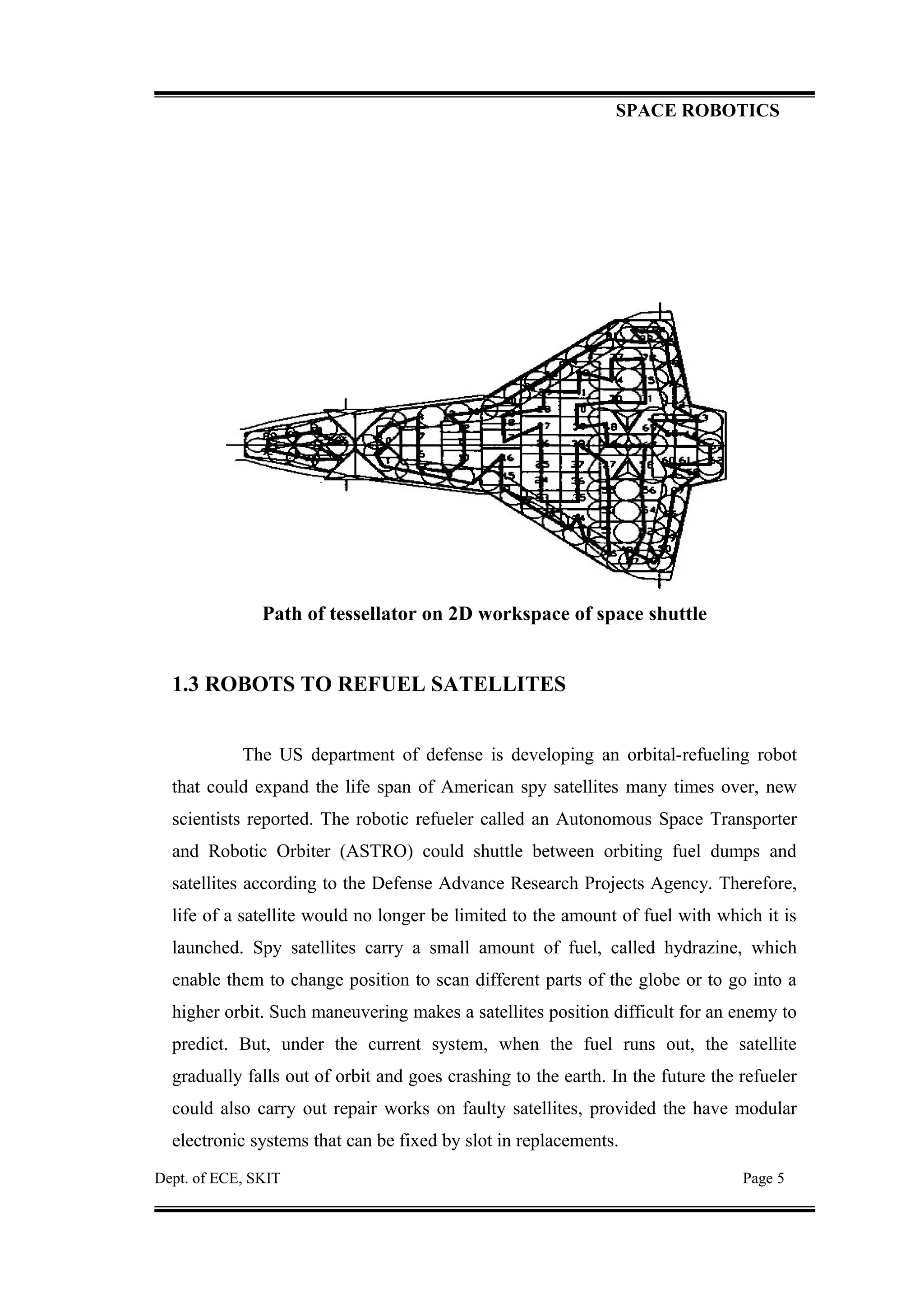 SPACE ROBOTICS
Path of tessellator on 2D workspace of space shuttle
1.3 ROBOTS TO REFUEL SATELLITES
The US department of defense is developing an orbital-refueling robot
that could expand the life span of American spy satellites many times over, new
scientists reported. The robotic refueler called an Autonomous Space Transporter
and Robotic Orbiter (ASTRO) could shuttle between orbiting fuel dumps and
satellites according to the Defense Advance Research Projects Agency. Therefore,
life of a satellite would no longer be limited to the amount of fuel with which it is
launched. Spy satellites carry a small amount of fuel, called hydrazine, which
enable them to change position to scan different parts of the globe or to go into a
higher orbit. Such maneuvering makes a satellites position difficult for an enemy to
predict. But, under the current system, when the fuel runs out, the satellite
gradually falls out of orbit and goes crashing to the earth. In the future the refueler
could also carry out repair works on faulty satellites, provided the have modular
electronic systems that can be fixed by slot in replacements.
Dept. of ECE, SKIT Page 5
 