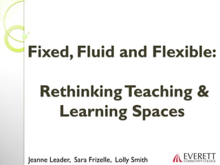Fixed, Fluid and Flexible:

   Rethinking Teaching &
     Learning Spaces

Jeanne Leader, Sara Frizelle, Lolly Smith
 